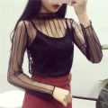 【Value Bundle】 Fashion See-Through Lace T Shirt Long Sleeve Mesh Fishnet Mesh Ladies Tops Turtleneck Blouses Transparent T-shirt Undershirt. 