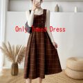 Autumn Winter Lady fashion Overalls 2 Piece Set Dress Women black Knitted Sweater Top + Plaid Tweed Slim Big Swing Midi Dress. 