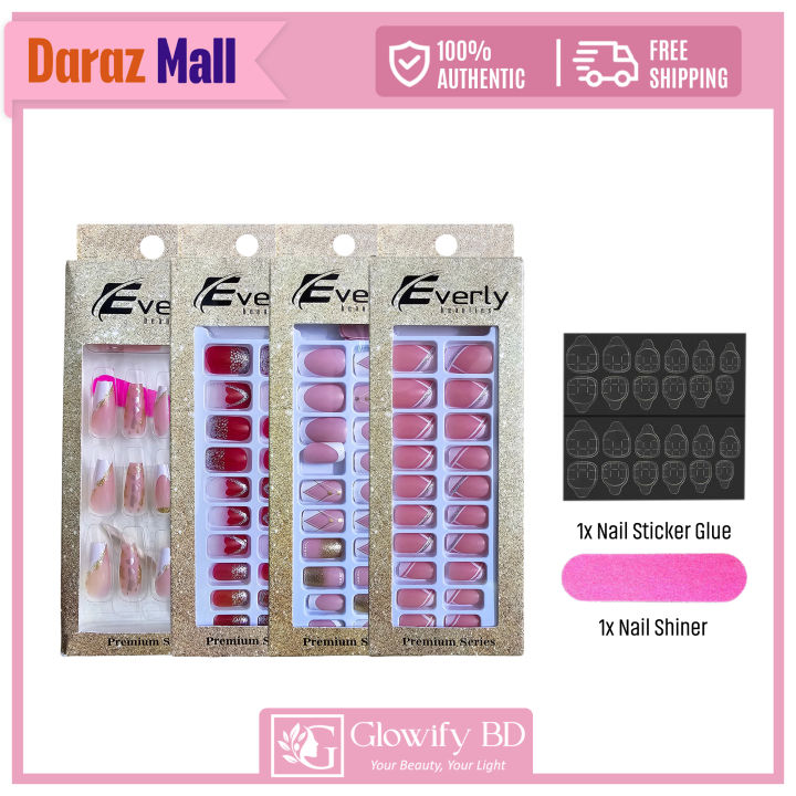 Everly Beauties 24Pcs Fake Nails Set with Sticker Glue - Trendy Nail Art Kit