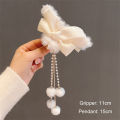 Fashion Women Soft Plush Bow Pearl Tassel Hair Claw Clips Elegant Hair Clips Headwear Eatop. 