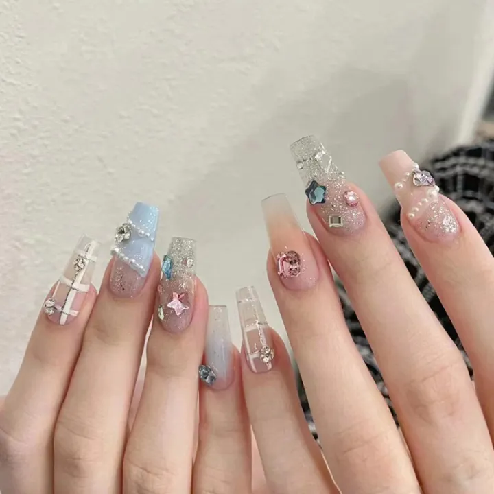 24pcs%20Glitter%20Long%20Butterfly%20Design%20False%20Nails%20French%20Wearable%20Nail%20Tips%20With%20Glue%20Pink%20Color%20Press%20On%20Nails%20Women%20Diy%20Manicure%20-%20Image%202