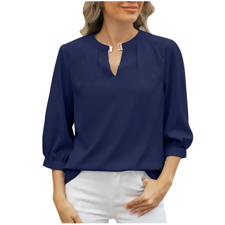 Female%20cloths%20Tops%20for%20Women%20Trendy%20Casual%20Basic%20T%20Shirts%20Light%20weight%2034%20Sleeve%20Solid%20V%20Neck%20Tees%20Blouses%20Clearance%20Sales%20-%20Image%203