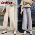 Slacks Women's Loose Summer Pants Soft Ice Silk Ankle-Length Black Wide Leg Pants Grey Khaki Women High Waisted Trousers. 