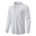Men's White Shirts Spring Autumn V-neck Top Casual Shirt Man Blouse Long Sleeve Cotton Linen Shirts Viking Front Lace Up Chemise. 