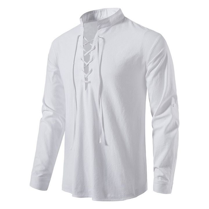 Men's%20White%20Shirts%20Spring%20Autumn%20V-neck%20Top%20Casual%20Shirt%20Man%20Blouse%20Long%20Sleeve%20Cotton%20Linen%20Shirts%20Viking%20Front%20Lace%20Up%20Chemise%20-%20Image%203