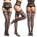 Women Black Stockings High Waist Fishnet Tights Lingerie Pantyhose Leopard Print Long Mesh Lace Stocking With Belt.