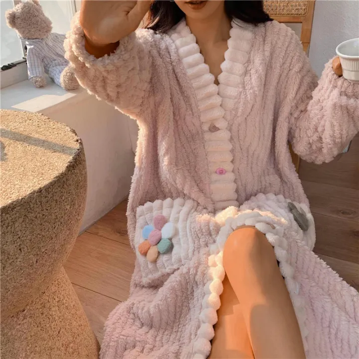 Winter%20Warm%20Flannel%20Nightgown%20Sleeping%20Sleepwear%20Dress%20For%20Women%20Girls%20Cute%20Long%20Sleeve%20Fleece%20Pajamas%20Home%20Clothes%20-%20Image%204