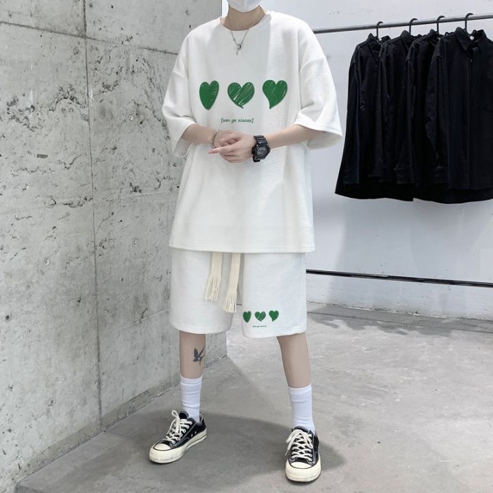 Privathinker Summer Men's Graphic Suit Waffle T-shirt Short Sleeve Korean Two Piece Set Oversized Fashion Shorts Male Streetwear