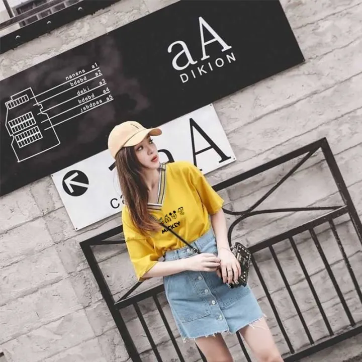 White%20V%20Collar%20Top%20Yellow%20Korean%20Style%20All-Match%20Loose%20Western%20Style%20Slimming%20Inner%20Vest%20Short%20Sleeve%20T%20Women's%20New%20T-shirt%20-%20Image%204