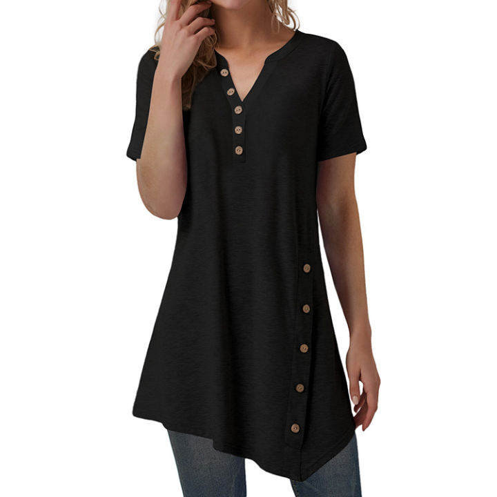 Ladies%20Button%20Design%20Short%20Sleeve%20Tops%20Blouse%20Irregular%20Ladies'%20Blouses%20-%20Image%202