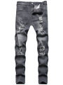 Men Casual Jeans, Solid Color Long Trousers with Broken Holes, S/ M/ L/ XL/ XXL/ XXXL.