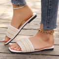 European and American foreign trade flat size beaded slippers women's square toe rhinestone light beach slippers Slipper. 