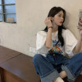 IELGY Korean style white cartoon print short sleeve t-shirt women loose. 