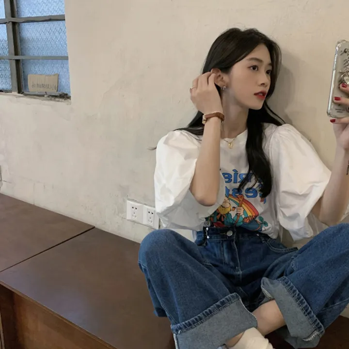 IELGY%20Korean%20style%20white%20cartoon%20print%20short%20sleeve%20t-shirt%20women%20loose%20-%20Image%203
