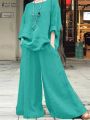 Women's Suit 2PCS O-Neck Long Sleeve Blouse Wide Leg Pant Autumn Vintage Outfits. 