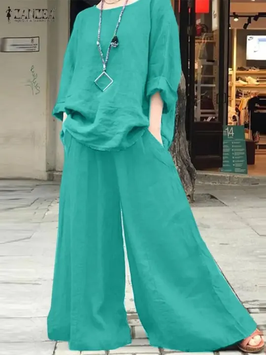 Women's%20Suit%202PCS%20O-Neck%20Long%20Sleeve%20Blouse%20Wide%20Leg%20Pant%20Autumn%20Vintage%20Outfits%20-%20Image%203