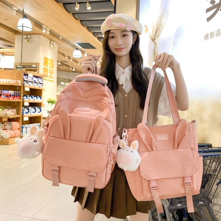 New Two-Piece Schoolbag for Junior High School Students Lightweight Tutorial Handbag Wholesale Large Capacity Rabbit Ears Backpack