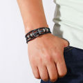 Black Braided Men Leather Bracelet Stainless Steel Magnetic Buckle.
