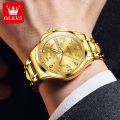 (1 Year Warranty) OLEVS Men's Original Waterproof Watch Gold Watch Quartz Stainless Steel Strap Calendar Luminous Business Style 2906. 