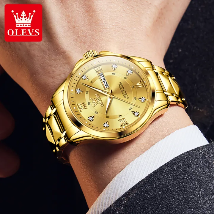 (1%20Year%20Warranty)%20OLEVS%20Men's%20Original%20Waterproof%20Watch%20Gold%20Watch%20Quartz%20Stainless%20Steel%20Strap%20Calendar%20Luminous%20Business%20Style%202906%20-%20Image%205