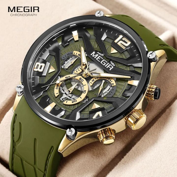 MEGIR Olive Green Sport Watch Men Fashion Silicone Strap
