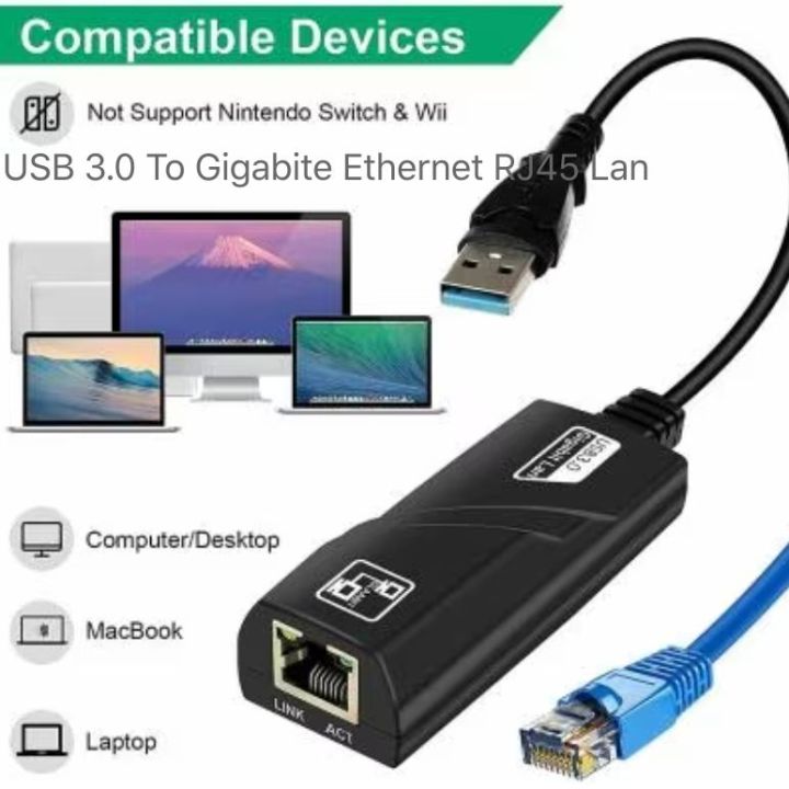 USB 3.0 To Ethernet Adapter - Gigabit RJ45 Network Adapter With Cable