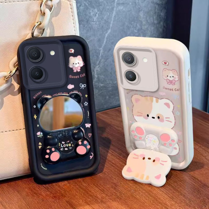Case for VIVO Y36 Y27 4G y27s Y36 Y27 Y28 5g 2023 phone casing back cover Softcase Silicone shockproof Cover new design aesthetic cute cat with makeup mirror holder for girls JTMMZJ9