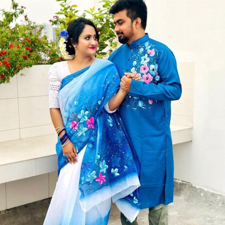 Exclusive Hand Printed Half Silk Saree Punjabi Combo Dress