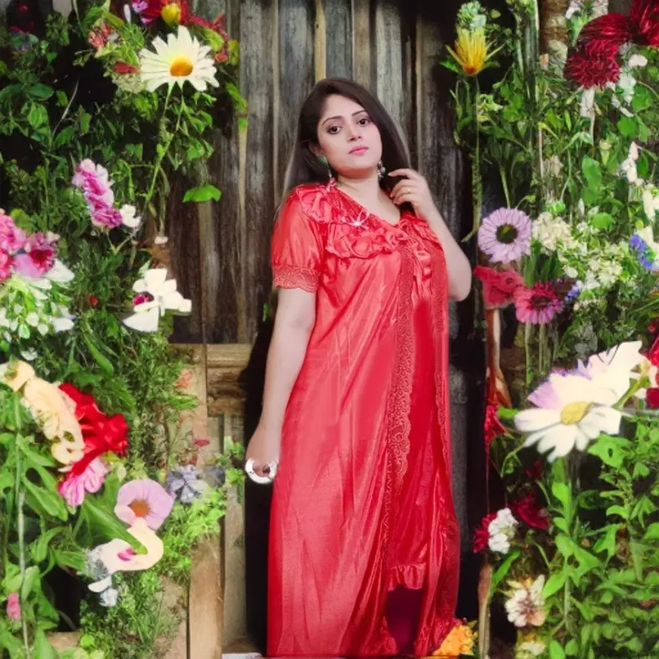 Fashionable Two Part Satin Solid Women Comfortable Red Night Dress