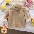 Children's fleece thickened base shirt, autumn and winter clothes, baby half-high neck, inner layer, boys and girls warm embroidered bear sweatshirt.