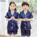 Toddler Girls Pyjamas Kids Satin Pajamas Button Silk Pajama Sets Teenager Boy Sleepwear Teens Pajamas Summer Clothes for 3 -14T.