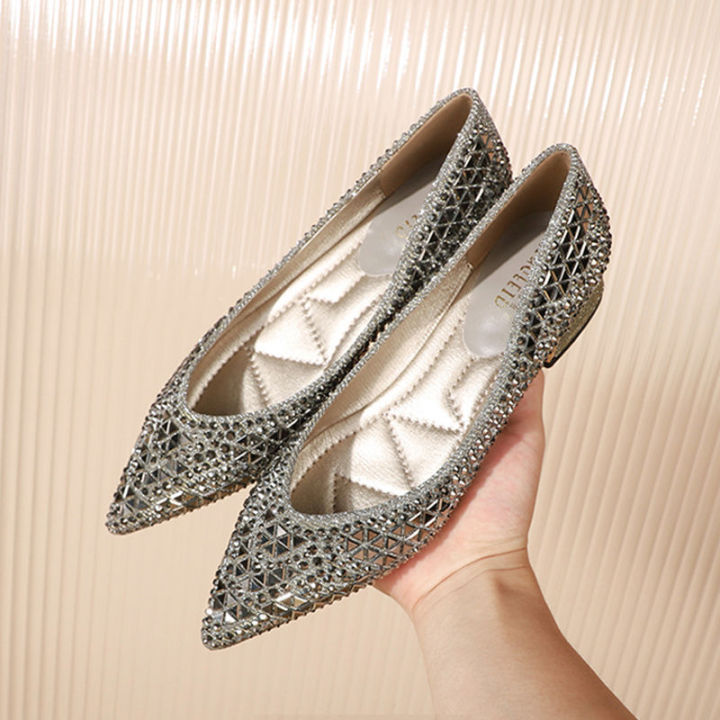 Spring%20Summer%20Women's%20Shoes%20Pointed%20Toe%20Rhinestone%20Chunky%20Heel%203%20cm%20Low%20Heel%20Shoes%20Low-Cut%20Pumps%20Full%20Diamond%20Flat%20Bottom%20Comfort%20Sandals%20-%20Image%204