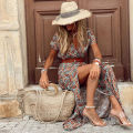 Long Dress High Slit Hem Paisley Print Short Sleeve Belt Long Dress. 