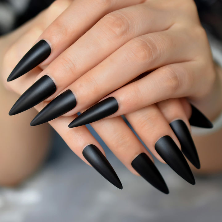 Solid Black Pointed Design Press on Nail Long Matte Frosted Stiletto Full Cover Artificial False Nails for Women Salon Home