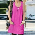Womens Pocket Dress Beach Cotton Linen Ladies Sleeveless Summer UK Dresses.