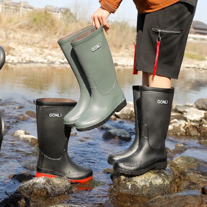 Rain boots men's high non-slip fishing rain boots waterproof shoes with  fleece warm kitchen work rubber shoes car wash overshoes