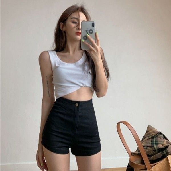 Black high waisted elastic tight denim shorts for women in summer