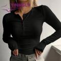 Women Round Neck Solid Color Tops Simple Style O Neck Button Long Sleeve Slim Fit Lady T-shirt Blouse for Women Soft Breathable Fall Spring Top Women Lightweight Long-sleeve Tops.
