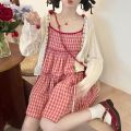 Korean Sweet and Lovely Girl S-8xl Plus Size Hollow Out Sun Protection Cardigan Strawberry Plaid Halting Dress Two-piece Set.