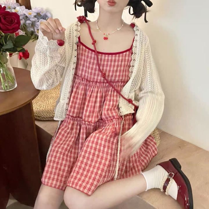Korean%20Sweet%20and%20Lovely%20Girl%20S-8xl%20Plus%20Size%20Hollow%20Out%20Sun%20Protection%20Cardigan%20Strawberry%20Plaid%20Halting%20Dress%20Two-piece%20Set%20-%20Image%205
