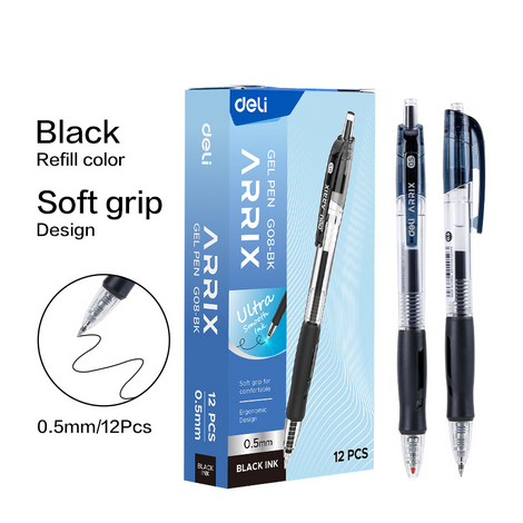 Deli EG08-BK ARIX Ultra 0.5mm Black Ink Gel Pen, 12-Pack Smooth Writing Ballpoint Pens