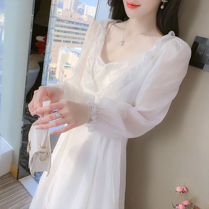 White%20Moonlight%20Cinnabar%20Mole%202022%20Amoi%20Glossy%20Silk%20Temperament%20Slimming%20Youthful-Looking%20Overall%20Dress%20Set%20Super%20Fairy%20Dress%20-%20Image%204