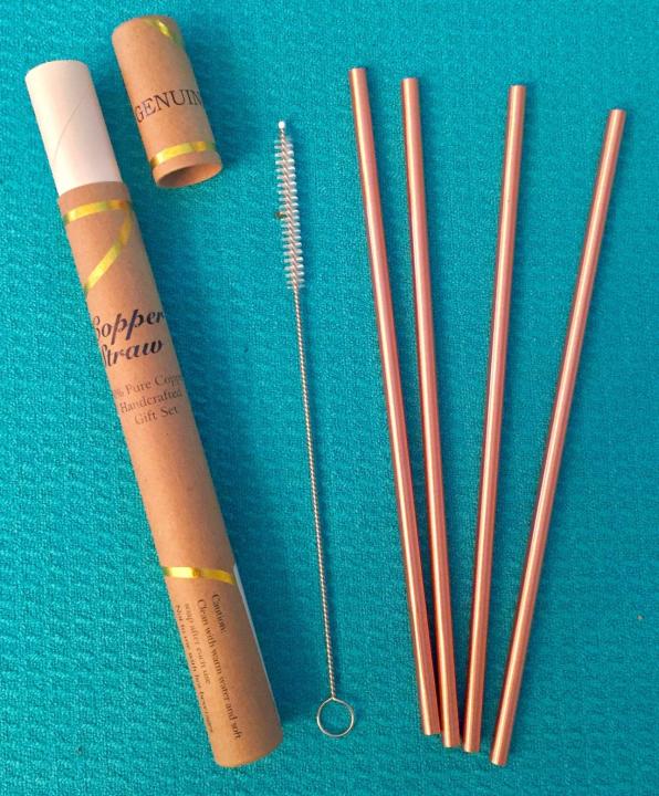 Copper Straws Food Safe Solid Copper Mule Drinking Straws(Set 1 of 4) 8.5inch Straight Cleaning Brush Included