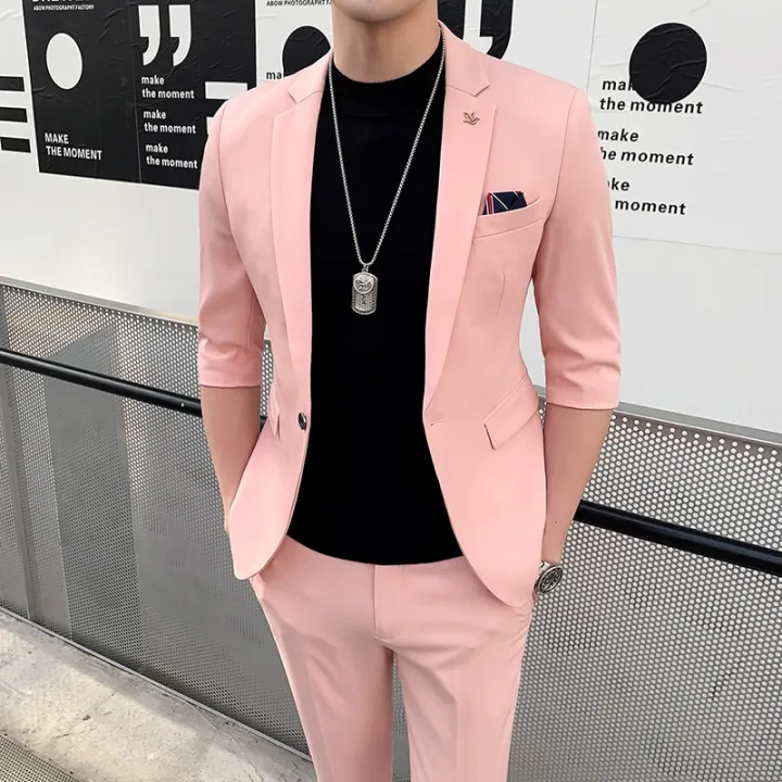(Jackt+Pant)2021%20Men%20Suits%20Half%20Sleeve%20Spring%20Summer%20Slim%20British%20Short%20Sleeve%20Blazer%20Coat%20Trend%20Male%20Designer%20Tuxedo%202%20Pcs%20Set%20-%20Image%203