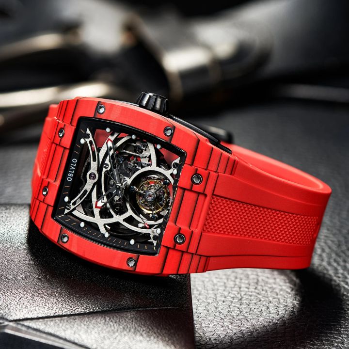 OBLVLO Top Watch Brand Sport Watch For Man Square Skeleton Tourbillon Automatic Watch Steel Rubber Strap Watches EM-RT