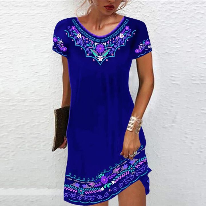 Women's%20Dress%20Fashion%20Summer%20Short%20Sleeve%20Casual%20Printed%20Party%20Dresses%20Loose%20Round%20Neck%20Pullover%20Elegant%20Dress%20-%20Image%202