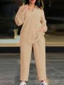 Women Matching Sets Fashion Pant Sets Autumn Long Sleeve Elegant Lapel Tops and Wide Leg Pants Solid Casual Suits. 