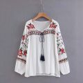 New Spring Autumn Fashion Ethnic V Neck Viscose Floral Embroidery Blouse Women Long Sleeve Pullover Shirts Blouses Tops. 