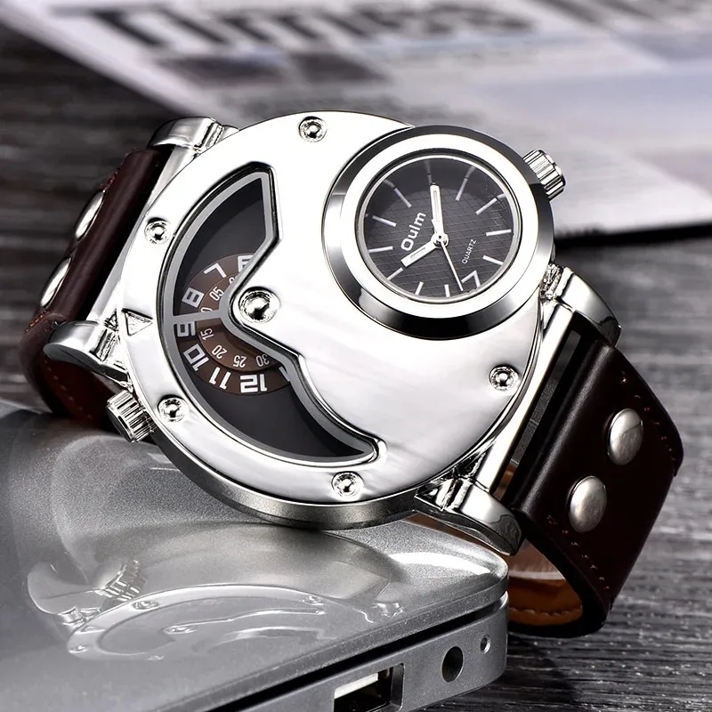 Oulm Watches Unique Design Multipe Time Zone Leather Strap Male