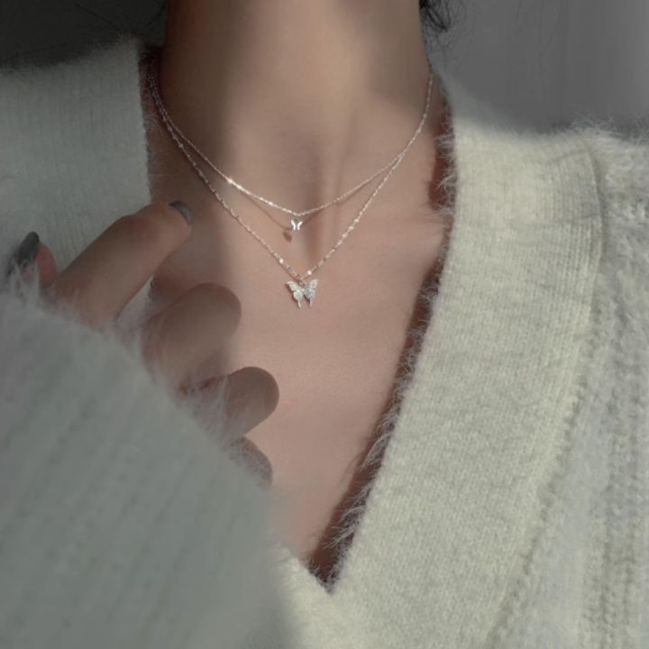 Korean%20Shiny%20Double%20Layer%20Butterfly%20Necklace%20for%20Women,%20Rhinestone%20Clavicle%20Chain,%20Elegant%20Wedding%20Jewelry%20-%20Image%203